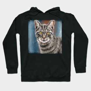 Contemporary Painting of a Gray Cat with Black Stripes and Yellow Eyes Hoodie